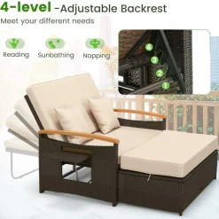 Tangkula Patio Rattan Daybed Set with Cushioned Loveseat and Storage Ottoman