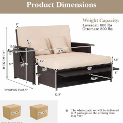 Tangkula Patio Rattan Daybed, Patiojoy Wicker Loveseat Sofa with 4-Postion Adjustable Backrest, Storage Ottoman, Cushions