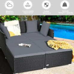 Tangkula Patio Rattan Daybed, Patiojoy Outdoor Sunbed with Spacious Seat (Grey)