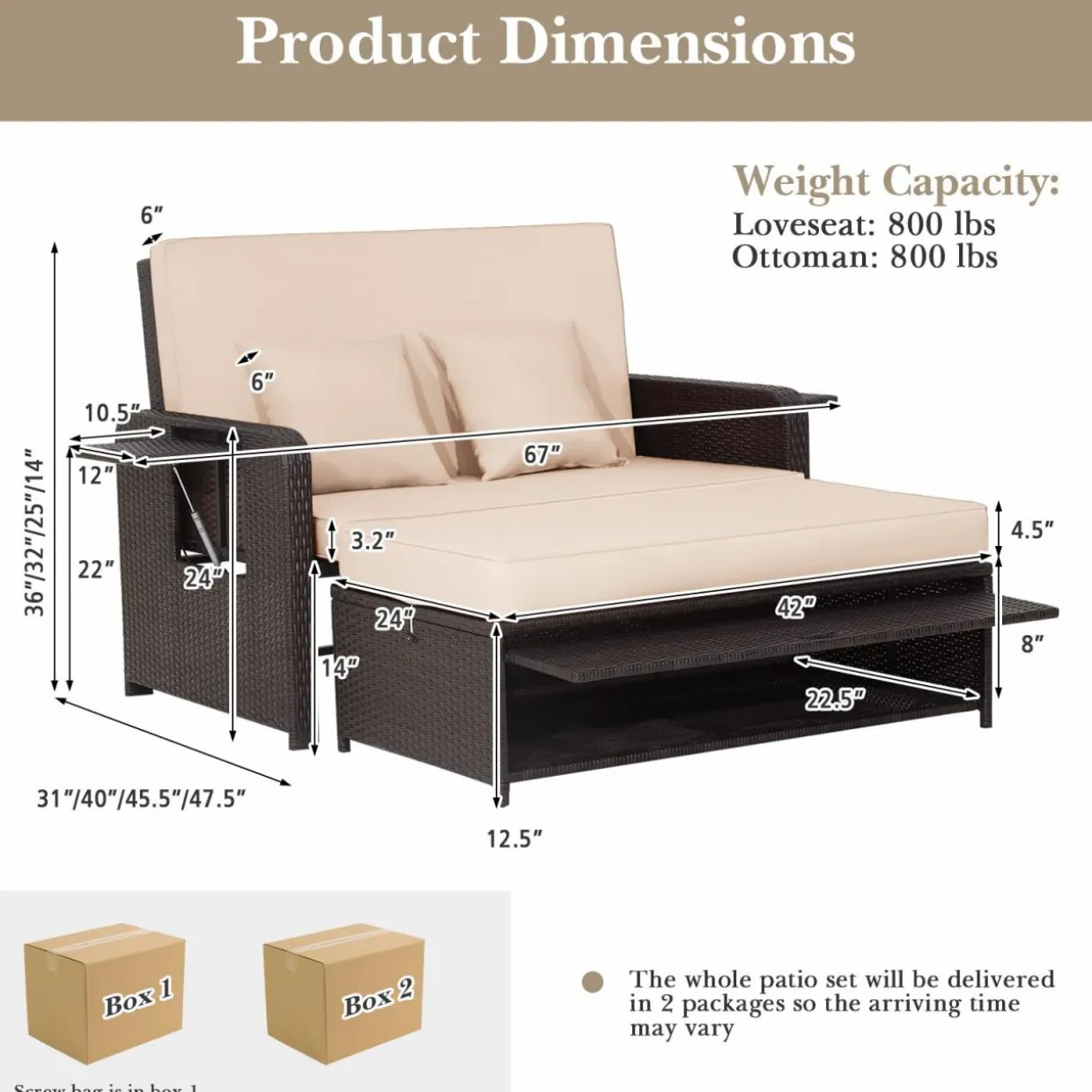 Tangkula Patio Rattan Daybed, Patiojoy Wicker Loveseat Sofa with 4-Postion Adjustable Backrest, Storage Ottoman, Cushions