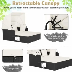 Tangkula Patio Rattan Daybed, Patiojoy Wicker Daybed Loungerw/Retractable Canopy, 2 Foldable Side Panels