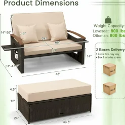 Tangkula Patio Rattan Daybed Set with Cushioned Loveseat and Storage Ottoman