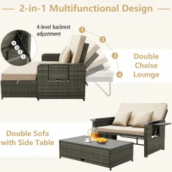 Tangkula Patio Rattan Daybed, Patiojoy Wicker Loveseat Sofa with 4-Postion Adjustable Backrest, Storage Ottoman, Cushions