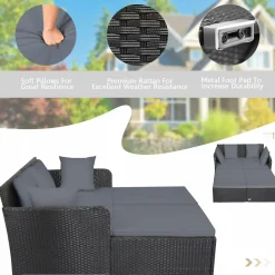 Tangkula Patio Rattan Daybed, Patiojoy Outdoor Sunbed with Spacious Seat (Grey)