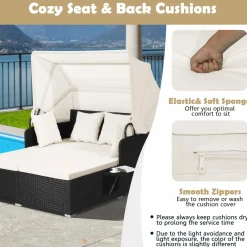 Tangkula Patio Rattan Daybed, Patiojoy Wicker Daybed Loungerw/Retractable Canopy, 2 Foldable Side Panels