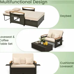 Tangkula Patio Rattan Daybed Set with Cushioned Loveseat and Storage Ottoman