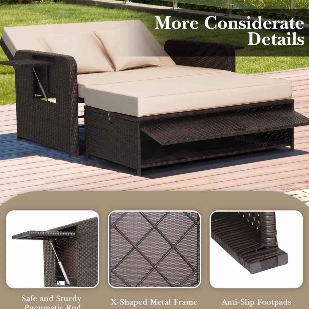Tangkula Patio Rattan Daybed, Patiojoy Wicker Loveseat Sofa with 4-Postion Adjustable Backrest, Storage Ottoman, Cushions