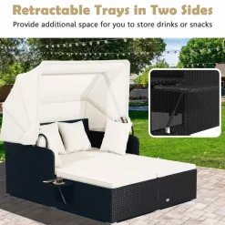 Tangkula Patio Rattan Daybed, Patiojoy Wicker Daybed Loungerw/Retractable Canopy, 2 Foldable Side Panels