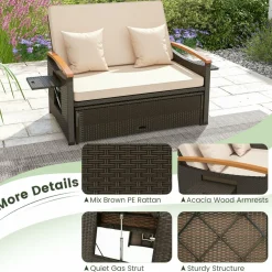 Tangkula Patio Rattan Daybed Set with Cushioned Loveseat and Storage Ottoman