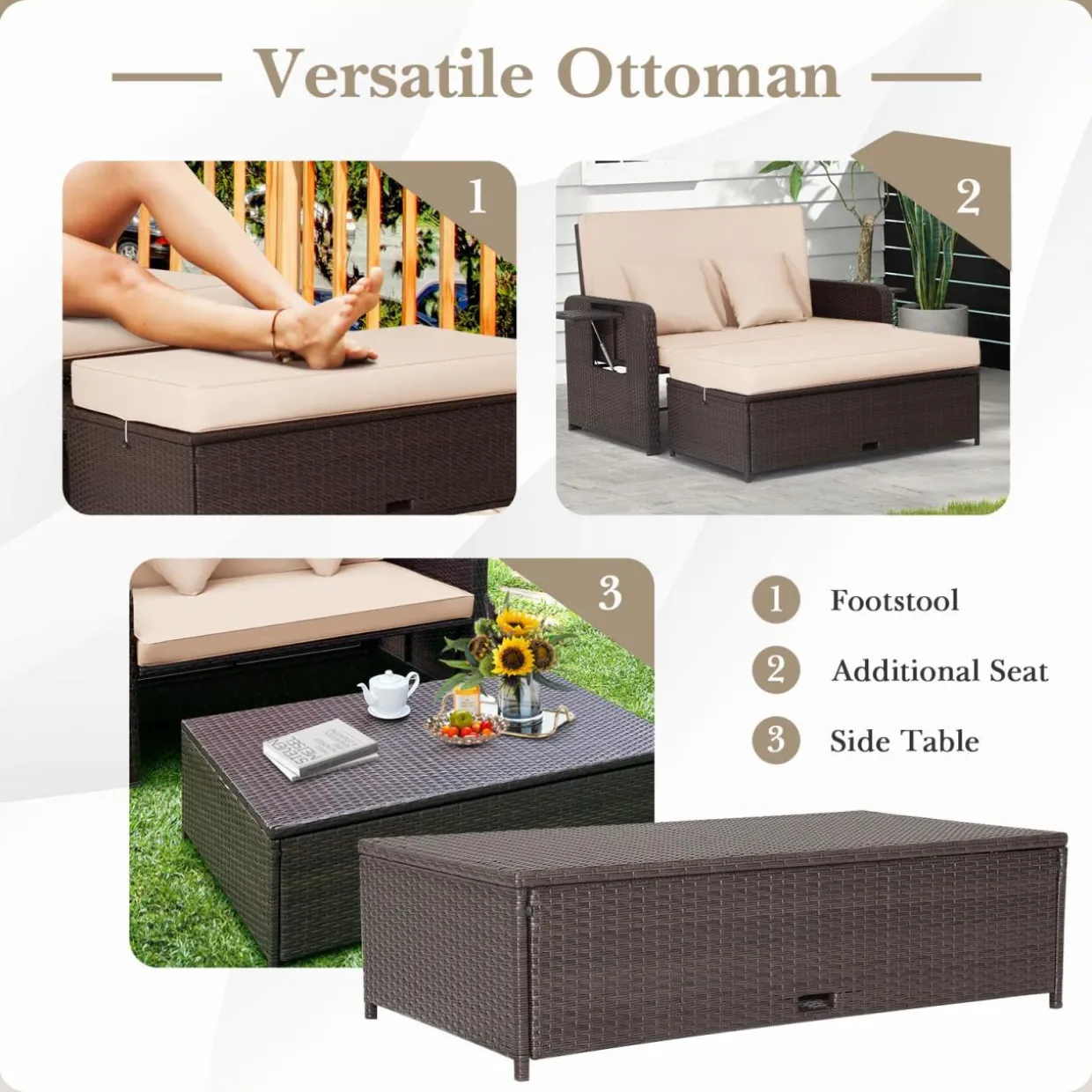 Tangkula Patio Rattan Daybed, Patiojoy Wicker Loveseat Sofa with 4-Postion Adjustable Backrest, Storage Ottoman, Cushions