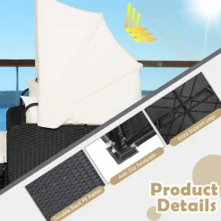 Tangkula Patio Rattan Daybed, Patiojoy Wicker Daybed Loungerw/Retractable Canopy, 2 Foldable Side Panels