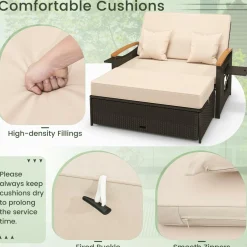 Tangkula Patio Rattan Daybed Set with Cushioned Loveseat and Storage Ottoman