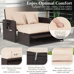 Tangkula Patio Rattan Daybed, Patiojoy Wicker Loveseat Sofa with 4-Postion Adjustable Backrest, Storage Ottoman, Cushions