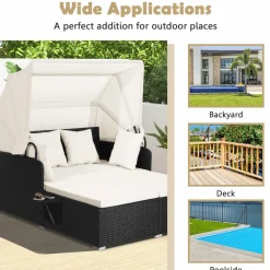 Tangkula Patio Rattan Daybed, Patiojoy Wicker Daybed Loungerw/Retractable Canopy, 2 Foldable Side Panels