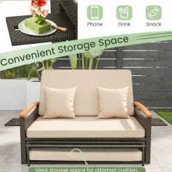 Tangkula Patio Rattan Daybed Set with Cushioned Loveseat and Storage Ottoman