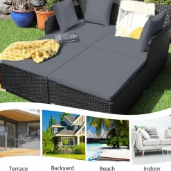 Tangkula Patio Rattan Daybed, Patiojoy Outdoor Sunbed with Spacious Seat (Grey)