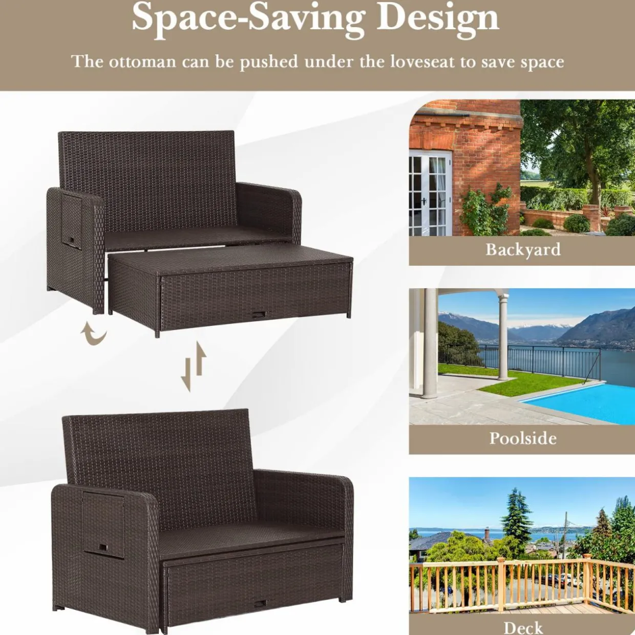 Tangkula Patio Rattan Daybed, Patiojoy Wicker Loveseat Sofa with 4-Postion Adjustable Backrest, Storage Ottoman, Cushions