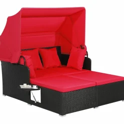 Tangkula Patio Rattan Daybed, Patiojoy Wicker Daybed Loungerw/Retractable Canopy, 2 Foldable Side Panels