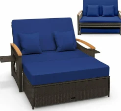 Tangkula Patio Rattan Daybed Set with Cushioned Loveseat and Storage Ottoman