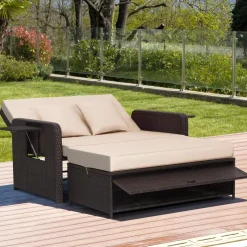 Tangkula Patio Rattan Daybed, Patiojoy Wicker Loveseat Sofa with 4-Postion Adjustable Backrest, Storage Ottoman, Cushions