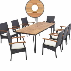 Tangkula Patio Rattan Dining Set for 8, Acacia Wood Table Top