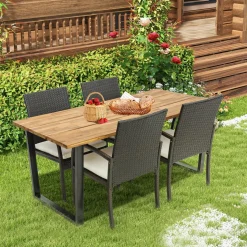 Tangkula Patio Rattan Dining Set, Acacia Wood Tabletop w/Umbrella Hole