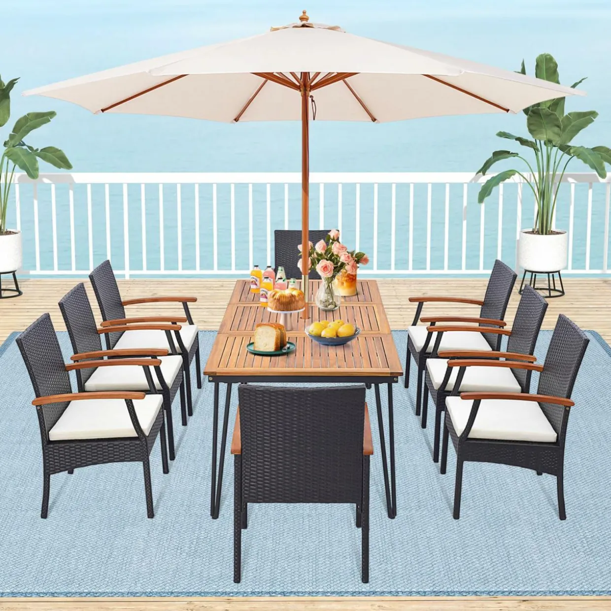 Tangkula Patio Rattan Dining Set for 8, Acacia Wood Table Top