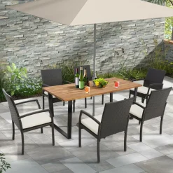 Tangkula Patio Rattan Dining Set, Acacia Wood Tabletop w/Umbrella Hole