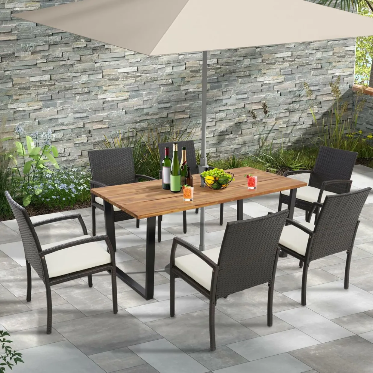 Tangkula Patio Rattan Dining Set, Acacia Wood Tabletop w/Umbrella Hole