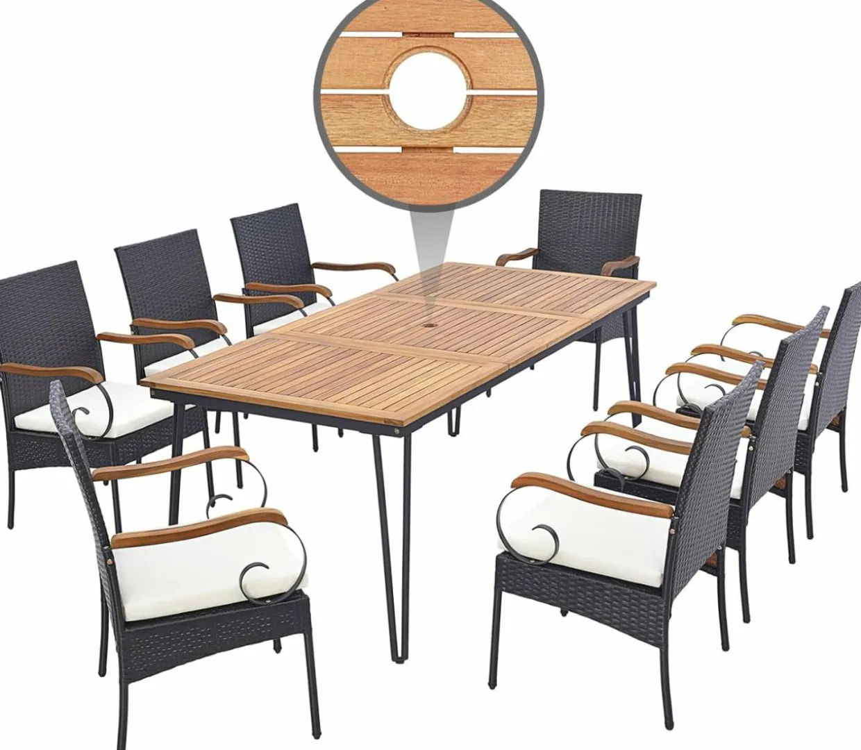 Tangkula Patio Rattan Dining Set for 8, Acacia Wood Table Top