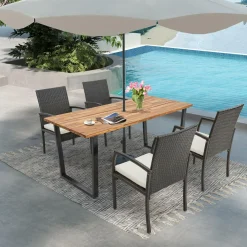 Tangkula Patio Rattan Dining Set, Acacia Wood Tabletop w/Umbrella Hole