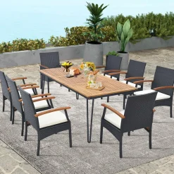 Tangkula Patio Rattan Dining Set for 8, Acacia Wood Table Top