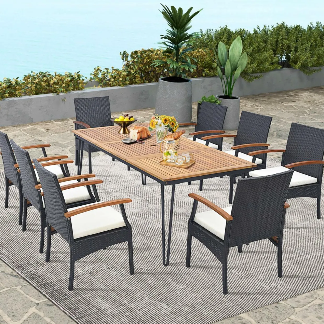Tangkula Patio Rattan Dining Set for 8, Acacia Wood Table Top