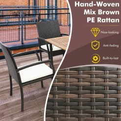 Tangkula Patio Rattan Dining Set, Acacia Wood Tabletop w/Umbrella Hole
