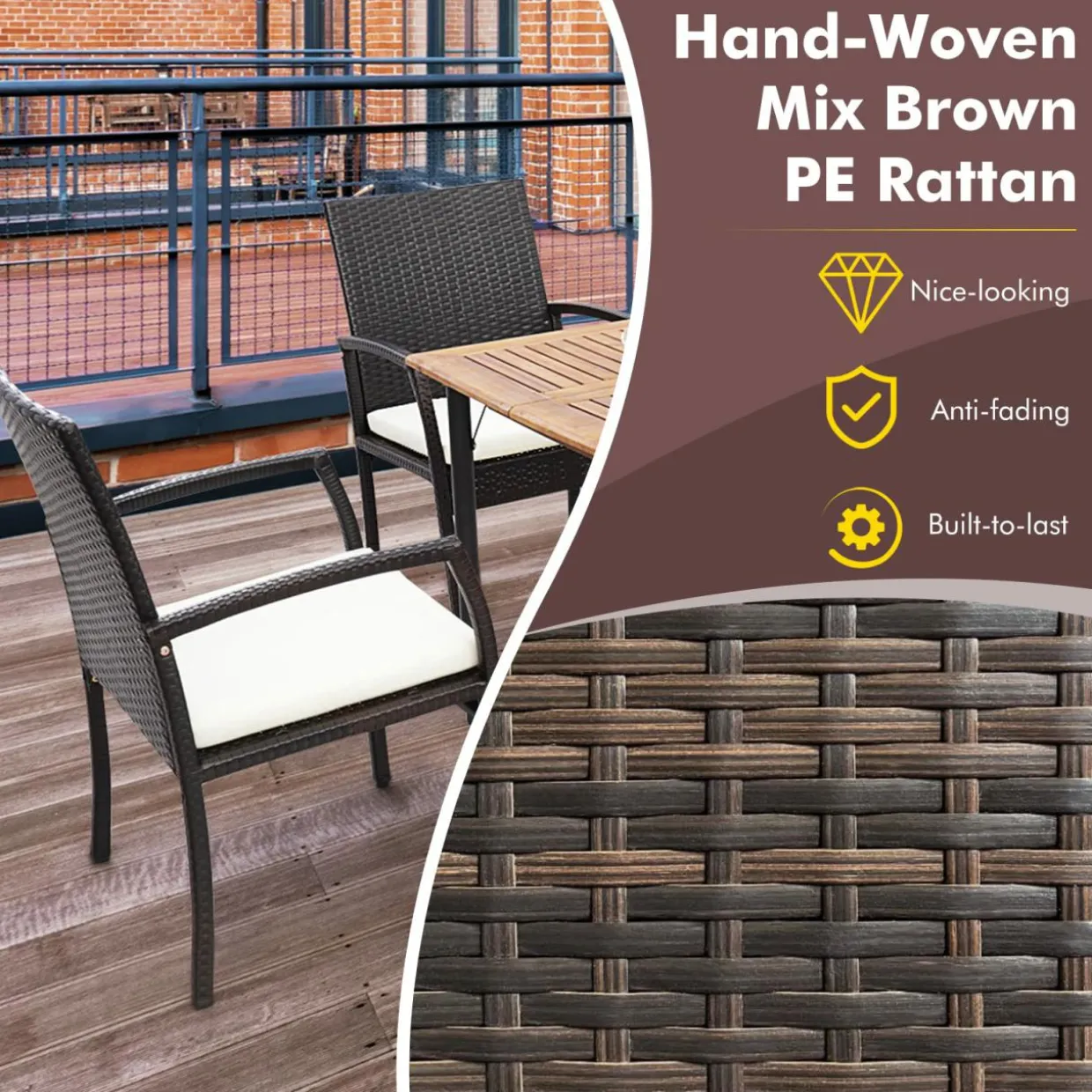 Tangkula Patio Rattan Dining Set, Acacia Wood Tabletop w/Umbrella Hole
