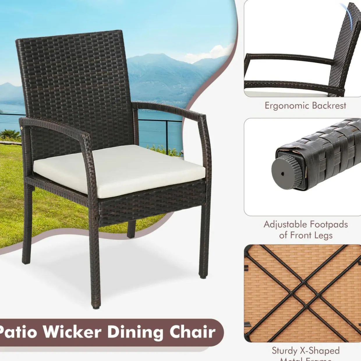 Tangkula Patio Rattan Dining Set, Acacia Wood Tabletop w/Umbrella Hole