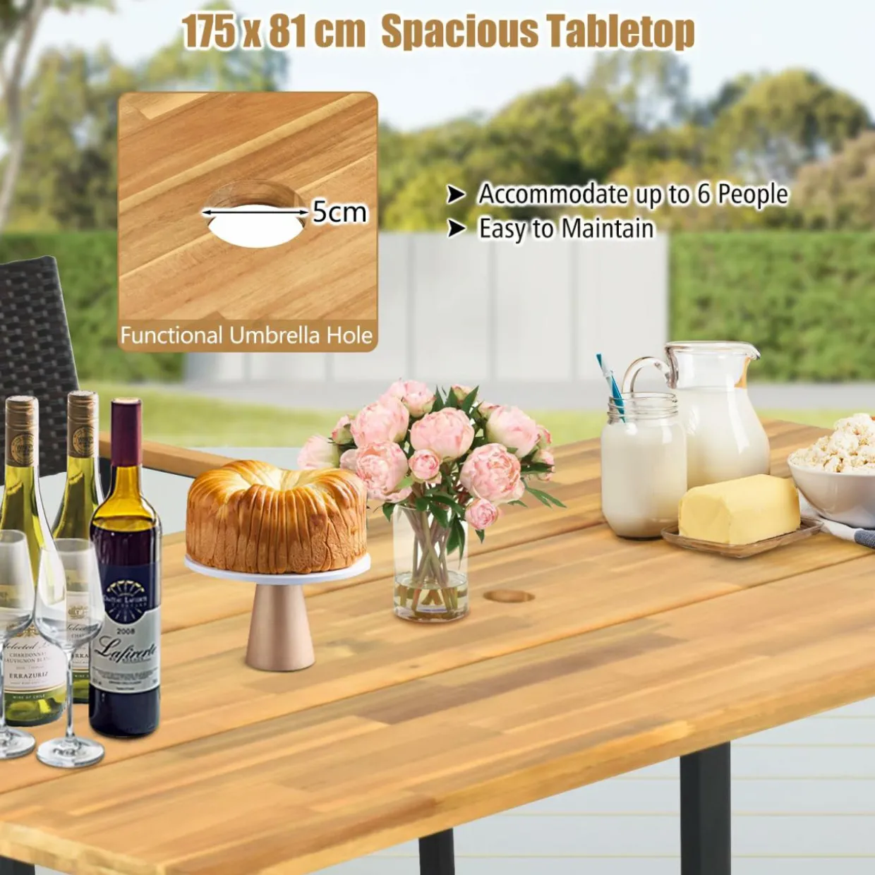 Tangkula Patio Rattan Dining Set, Acacia Wood Tabletop w/Umbrella Hole