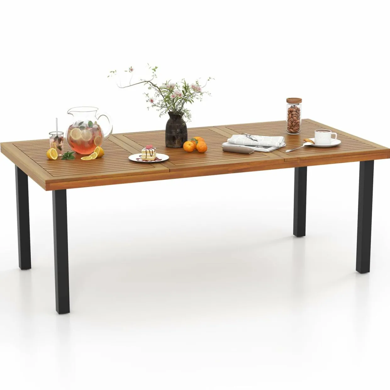 Tangkula Patio Rattan Dining Set for 8, Acacia Wood Table Top