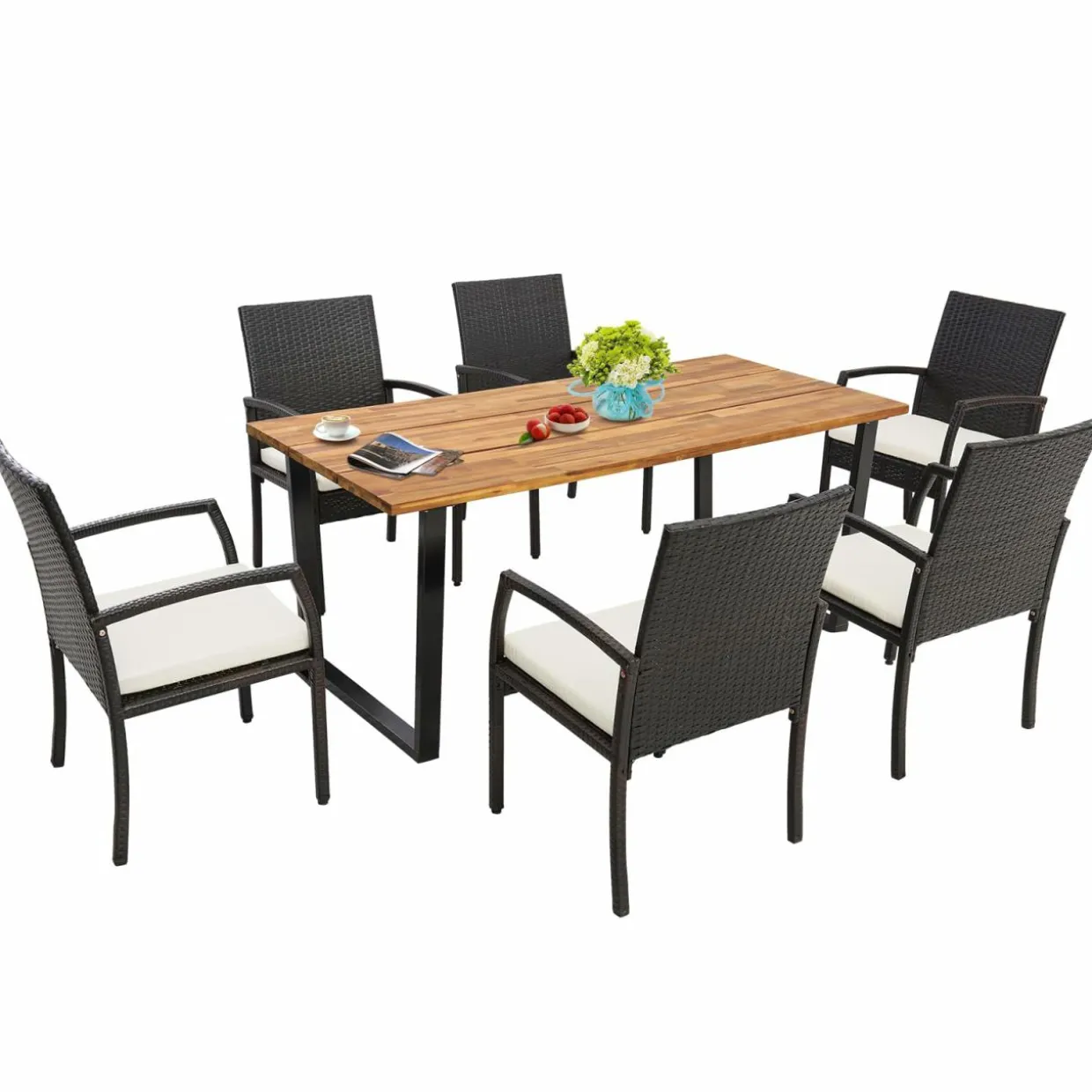 Tangkula Patio Rattan Dining Set, Acacia Wood Tabletop w/Umbrella Hole