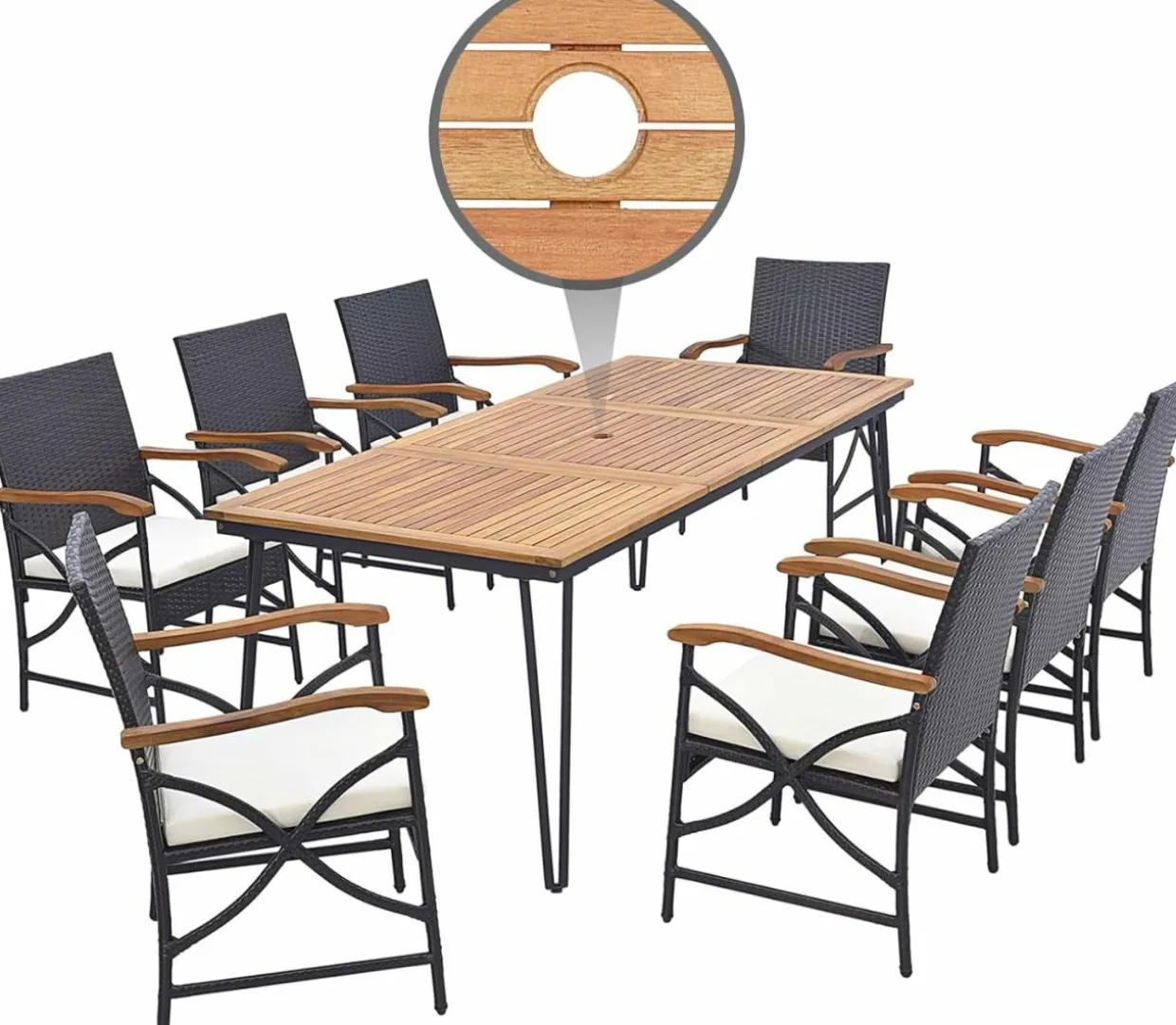 Tangkula Patio Rattan Dining Set for 8, Acacia Wood Table Top