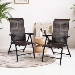 Tangkula Patio Rattan Folding Chair, Outdoor Wicker Portable Camping Chair with Widened Armrest
