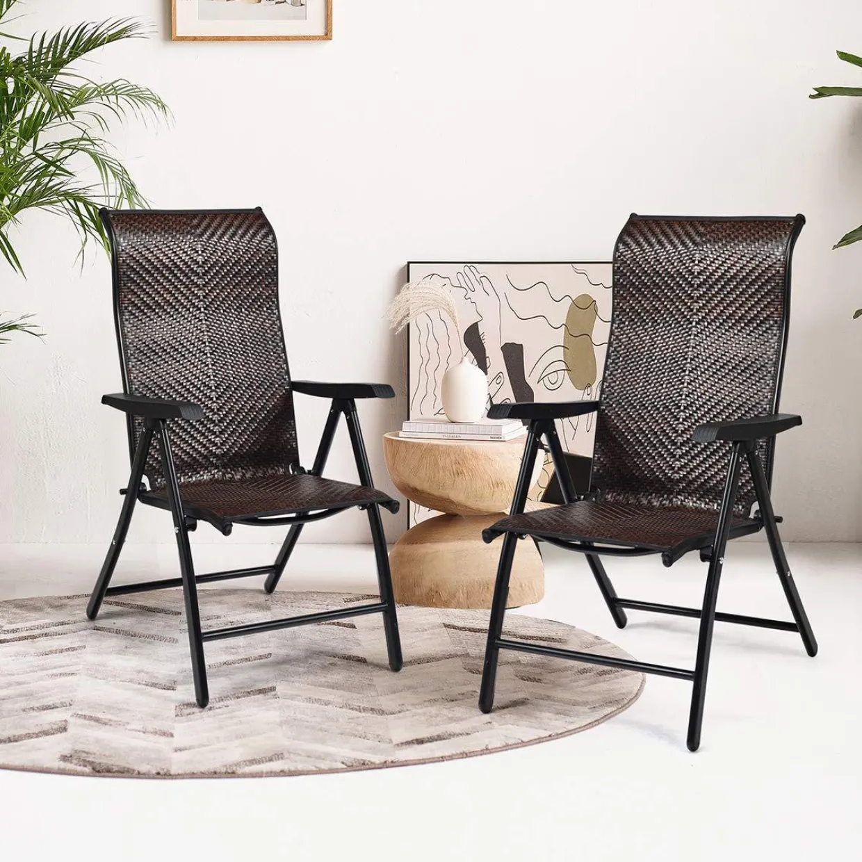 Tangkula Patio Rattan Folding Chair, Outdoor Wicker Portable Camping Chair with Widened Armrest