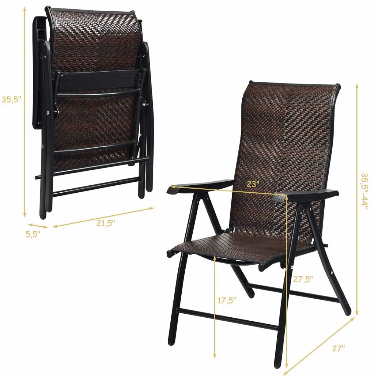 Tangkula Patio Rattan Folding Chair, Outdoor Wicker Portable Camping Chair with Widened Armrest