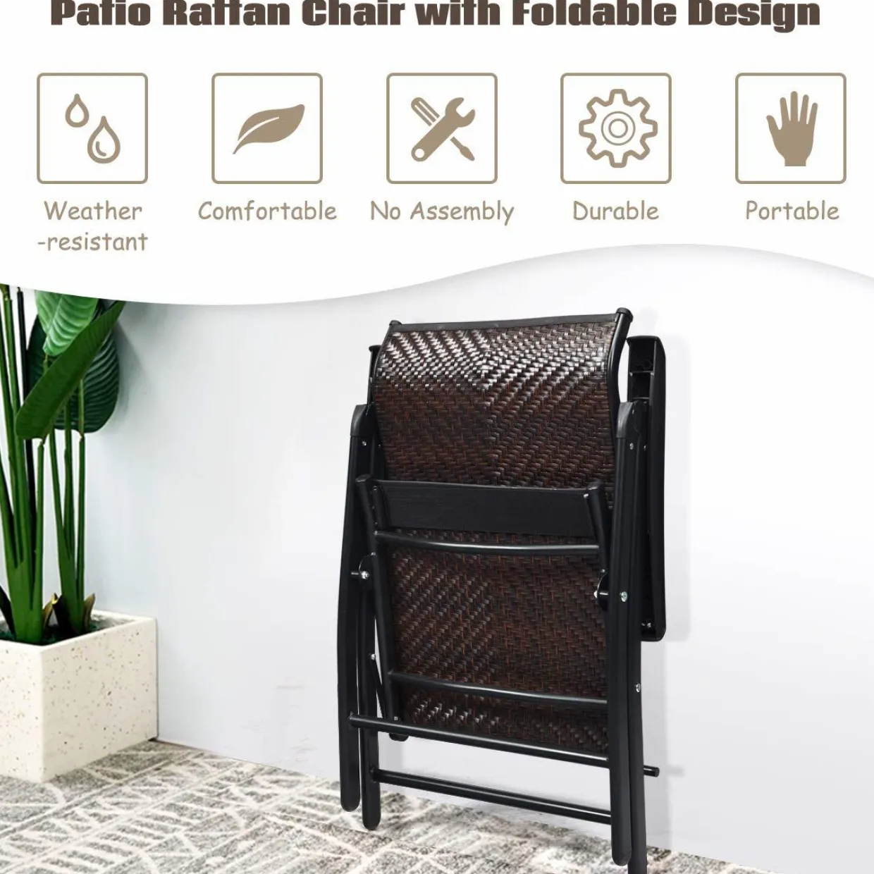 Tangkula Patio Rattan Folding Chair, Outdoor Wicker Portable Camping Chair with Widened Armrest