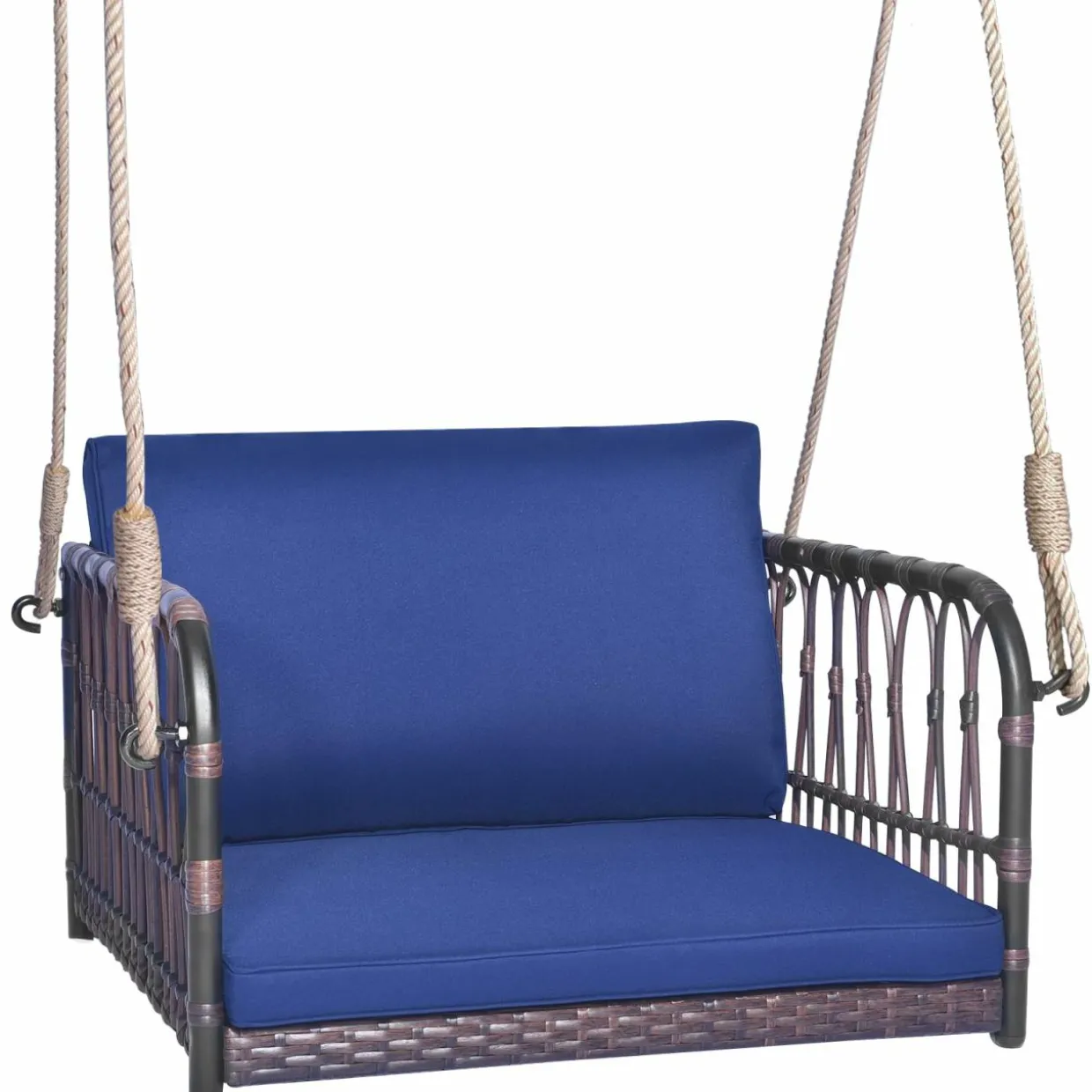 Tangkula Patio Rattan Porch Swing, Single Person Hanging Seat with Seat & Back Cushions