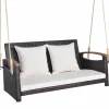 Tangkula Patio Rattan Porch Swing, 2-Person Hanging Chair with Seat & Back Cushions