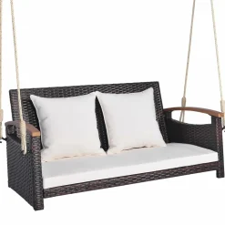 Tangkula Patio Rattan Porch Swing, 2-Person Hanging Chair with Seat & Back Cushions