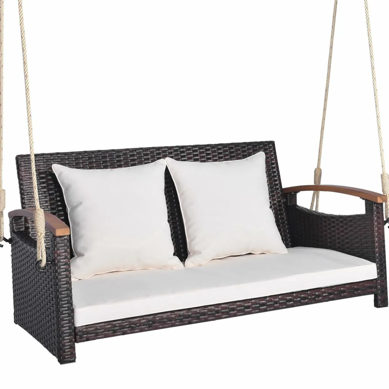 Tangkula Patio Rattan Porch Swing, 2-Person Hanging Chair with Seat & Back Cushions