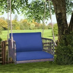 Tangkula Patio Rattan Porch Swing, Single Person Hanging Seat with Seat & Back Cushions