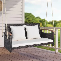 Tangkula Patio Rattan Porch Swing, 2-Person Hanging Chair with Seat & Back Cushions